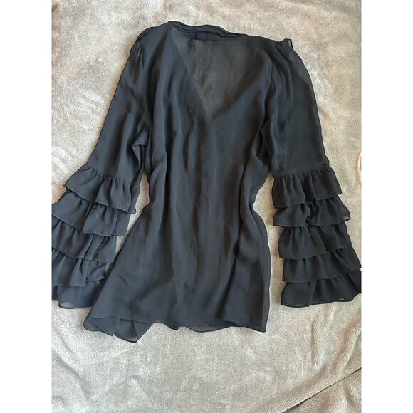 VTG Y2K Twelve by Twelve Black Sheer Ruffle Long Sleeve Blouse Gold Button Goth - Picture 7 of 7